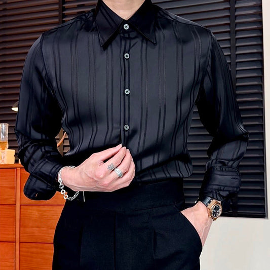 Vertical striped textured satin shirt
