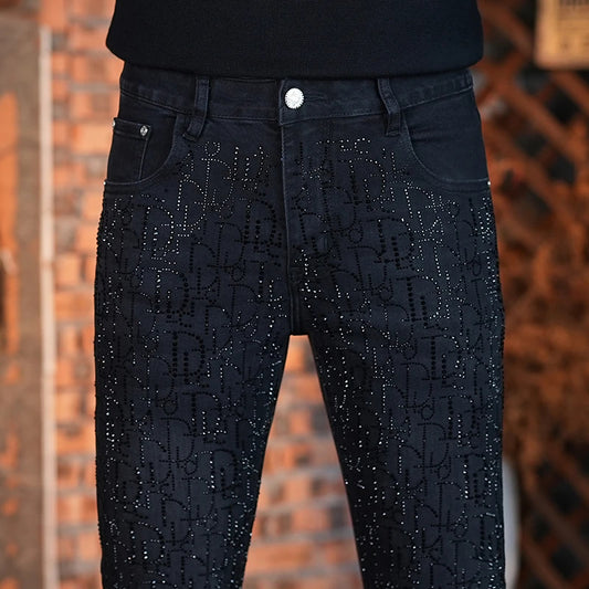 Rhinestone Pattern Slim Denim Pants