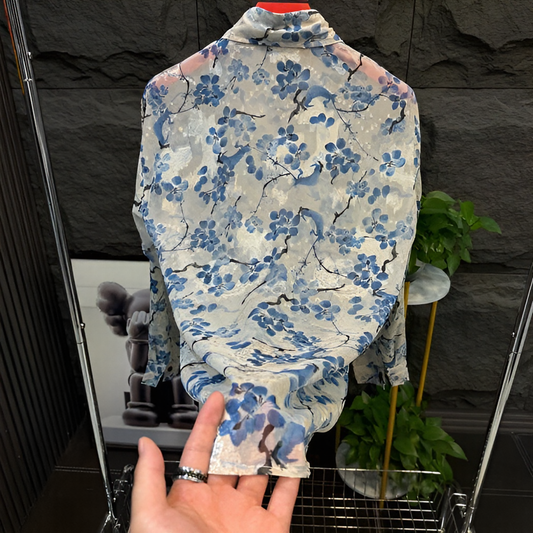 Blue floral semi-transparent refreshing shirt