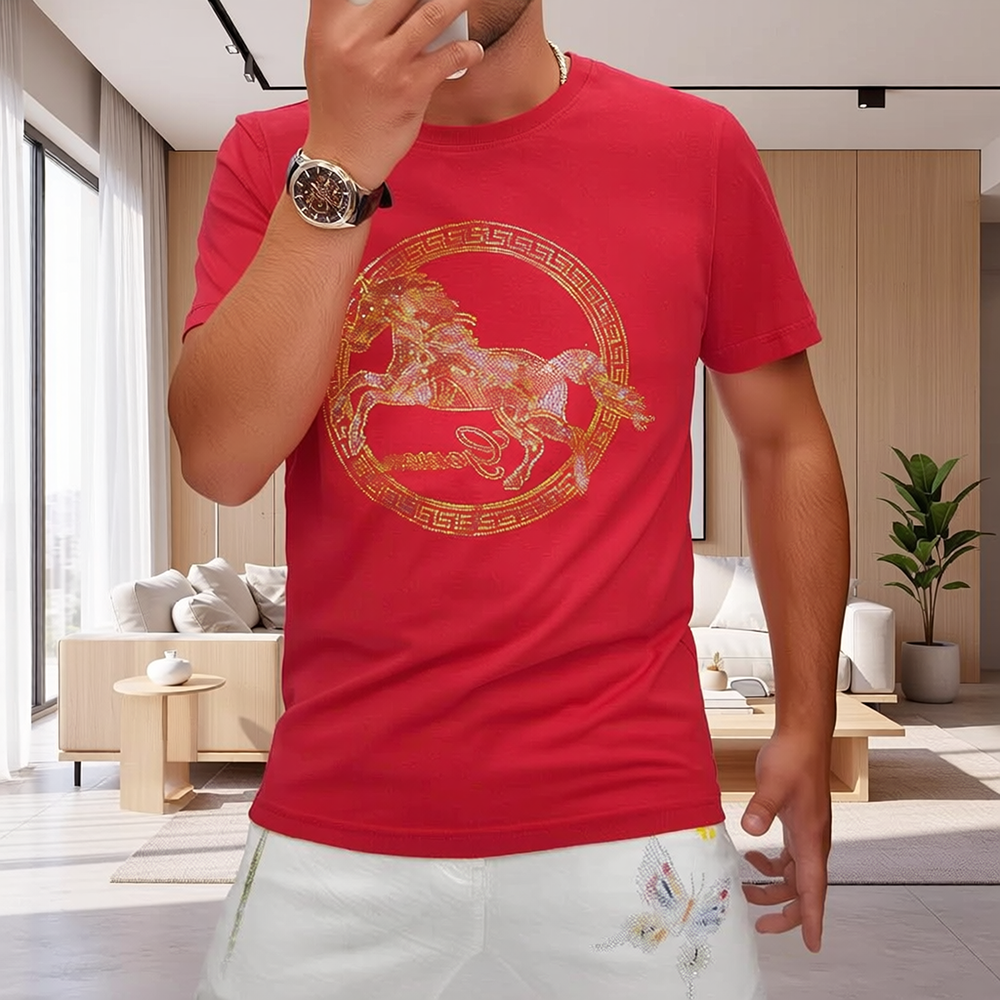 Horse Rhinestone Luxury Crew Neck T-Shirt