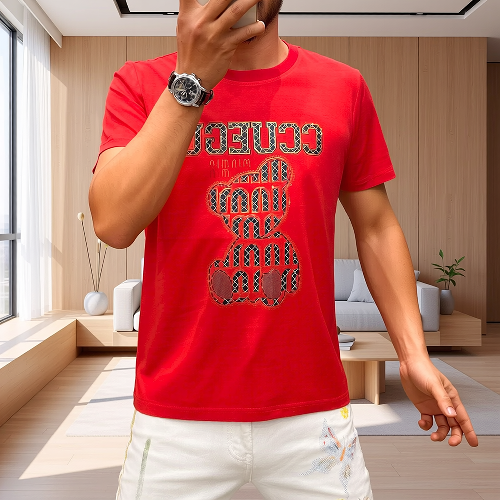 Geometric Bear Rhinestone Casual Crew Neck T-Shirt