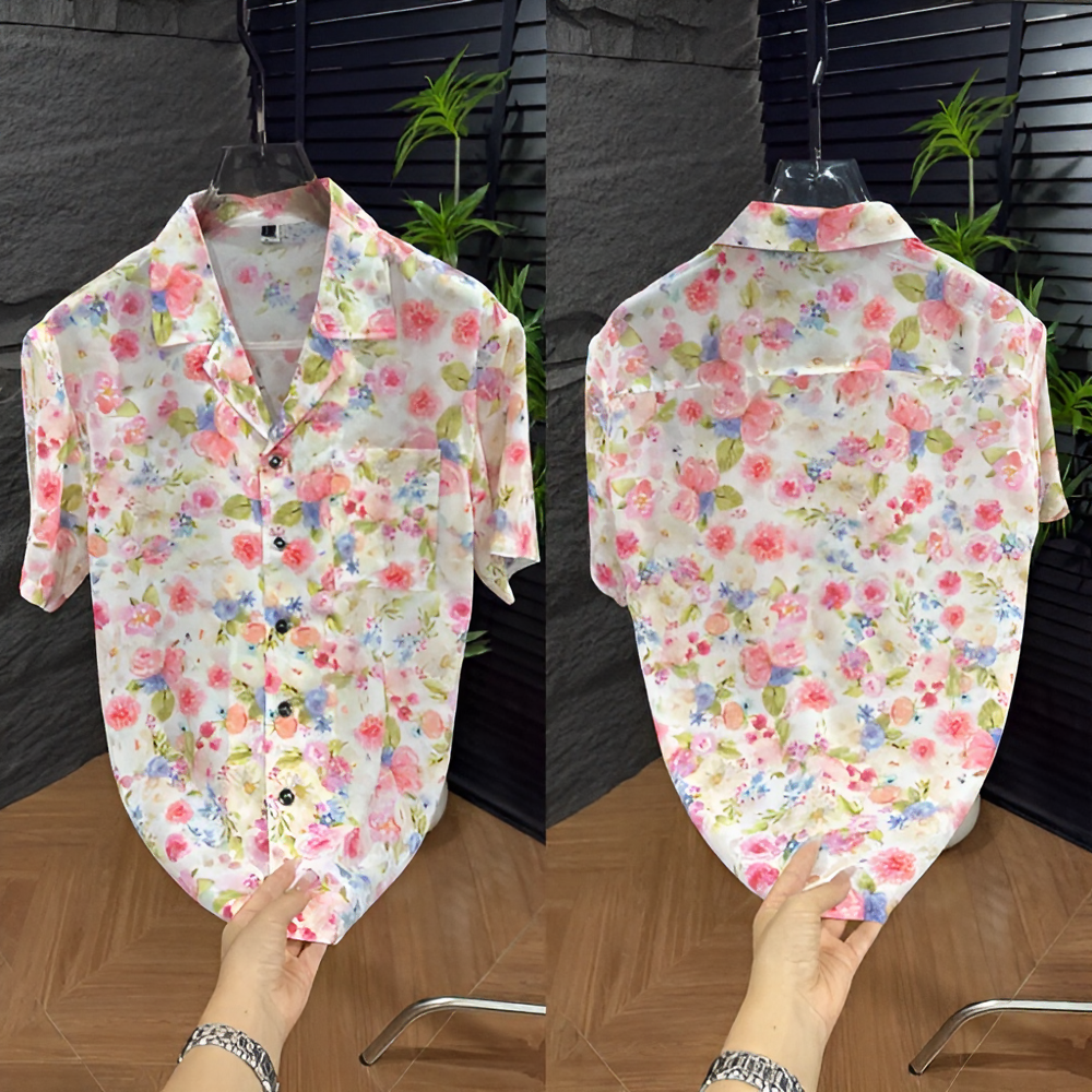 Watercolor Floral Print Cuban Collar Short Sleeve Shirt