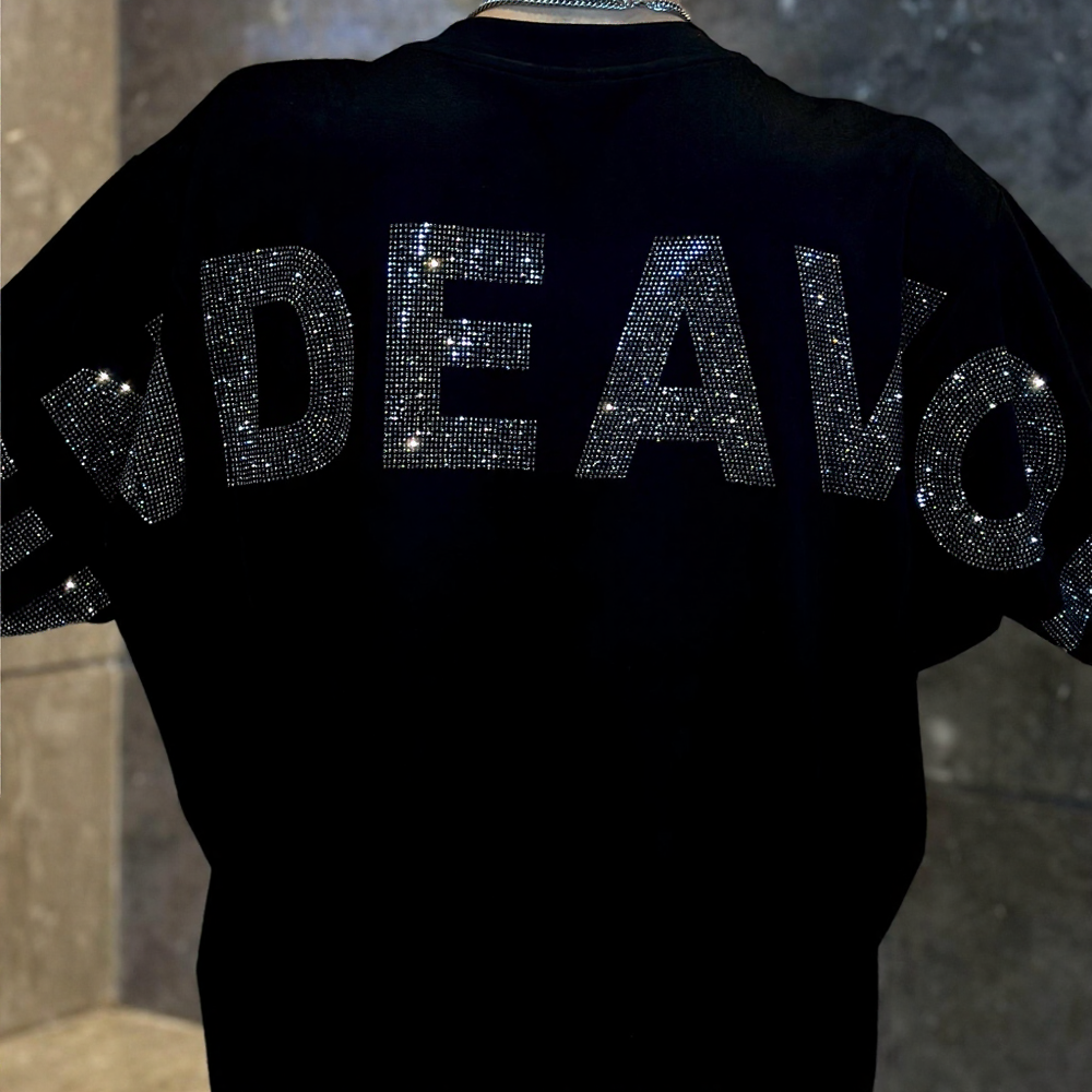 Oversized Back Letter Rhinestone Drop Shoulder T-Shirt