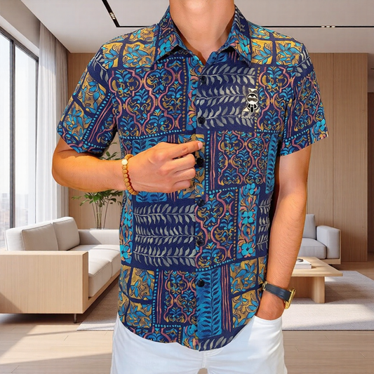 Retro Exotic Grid Vine Pattern Lapel Short Sleeve Shirt