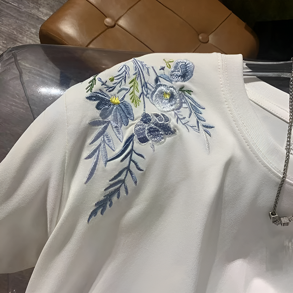 Dual Shoulder Floral Leaf Embroidery Minimal Crew Neck Tee