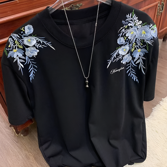 Dual Shoulder Floral Leaf Embroidery Minimal Crew Neck Tee