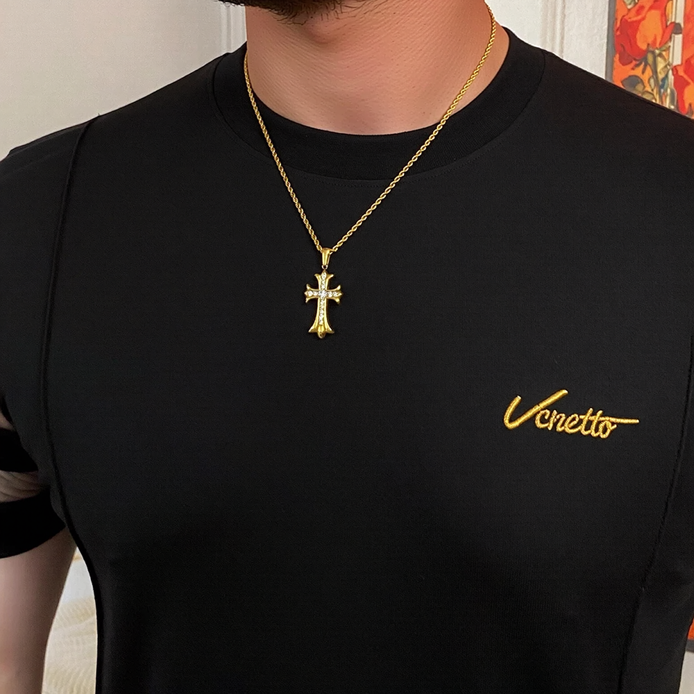 Double Side Horizontal Mesh Splicing Script Embroidery Slim Crew Neck T-Shirt