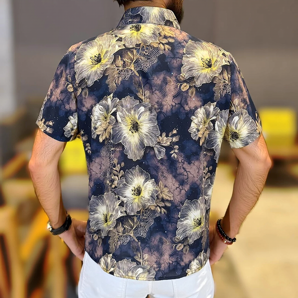 Floral Allover Print Draped Short Sleeve Lapel Shirt