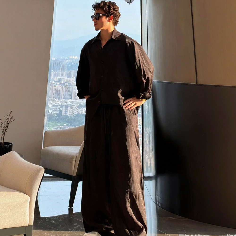 Texture Wrinkle Loose Long Sleeve Shirt & Wide Leg Pants Two-Piece Set