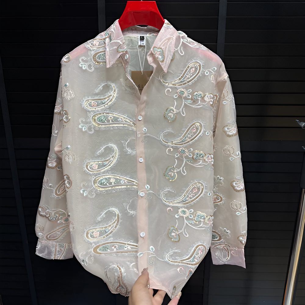 Paisley Embroidery Mesh Sheer Long‑Sleeve Shirt