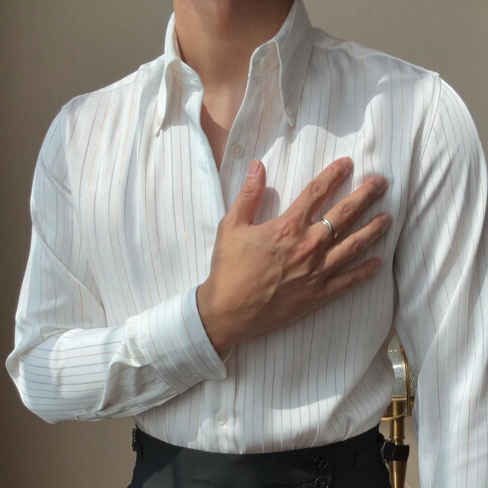 Shimmer Stripe Satin Collared Long‑Sleeve Shirt