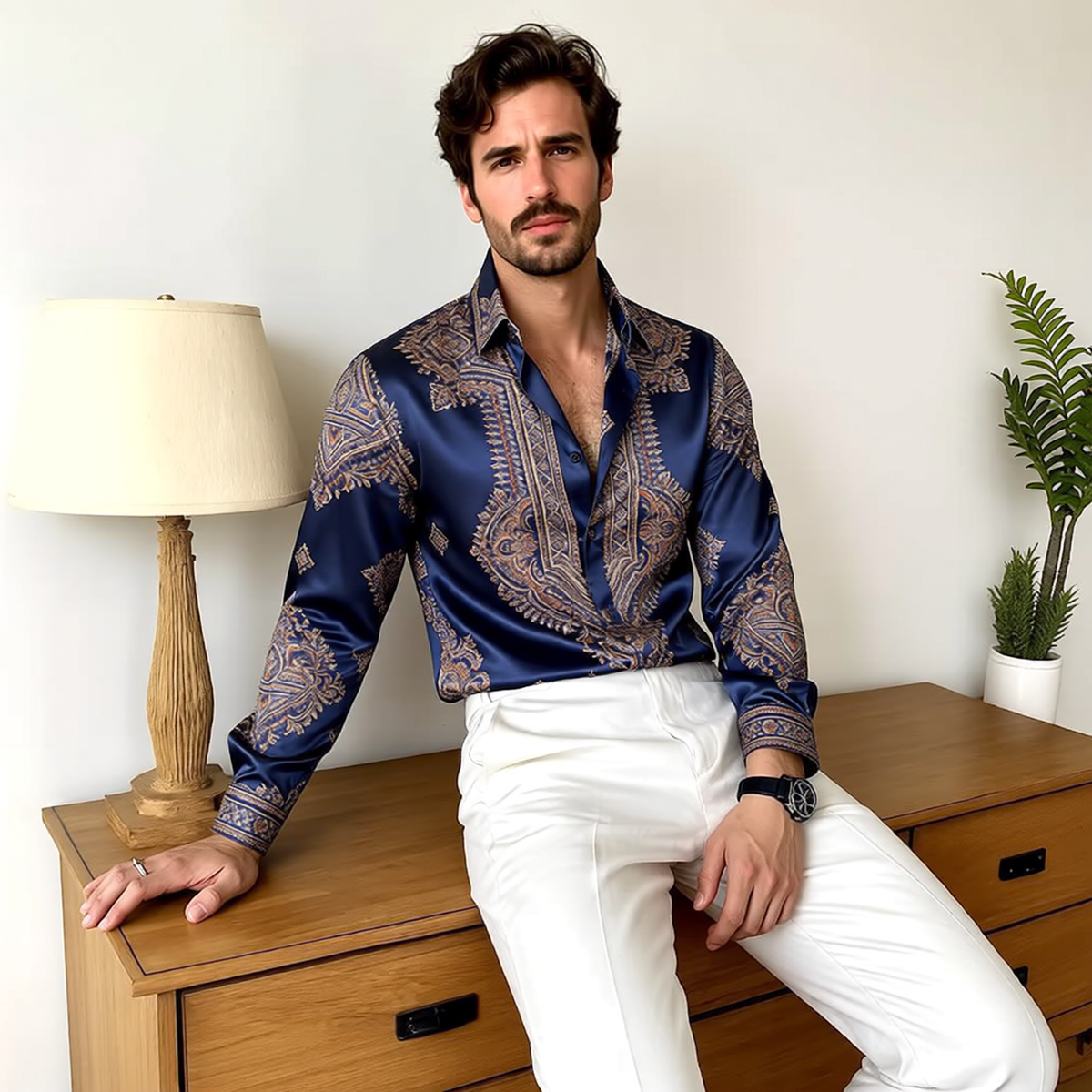 Paisley Pattern Satin Long Sleeve Shirt
