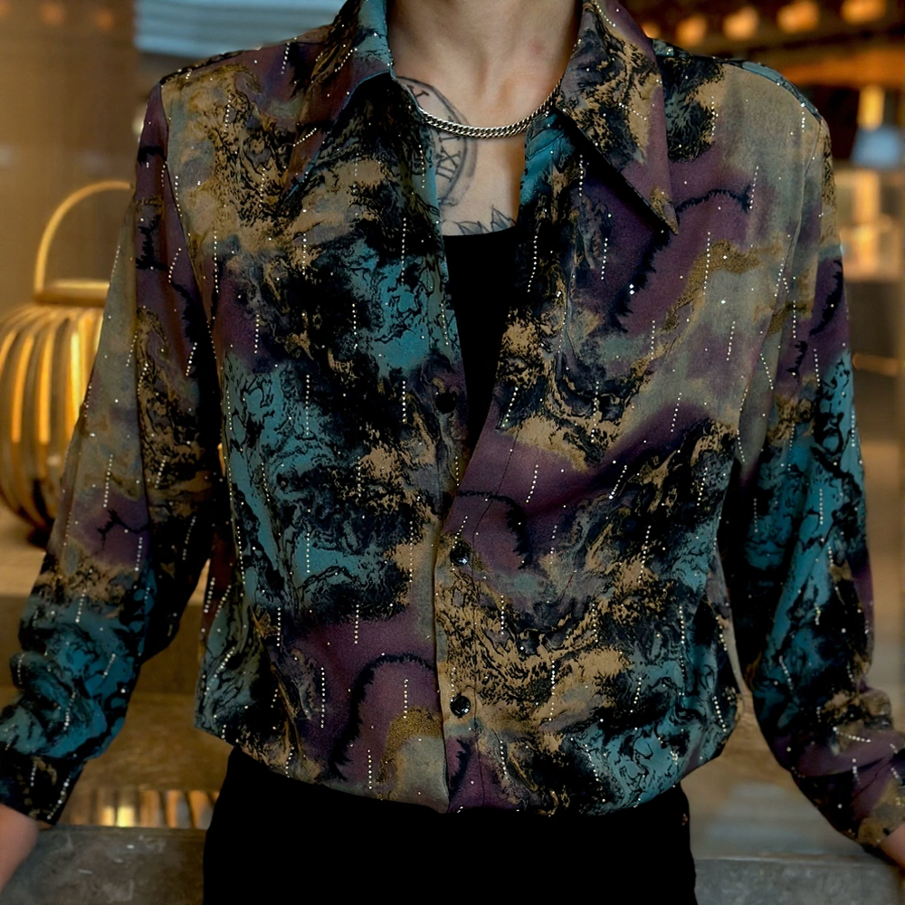 Men Ink Wash Rhinestone Long Sleeve Shirt