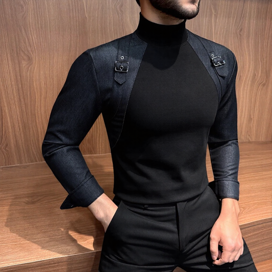 Men Buckle Decor Mock Neck Splice Top