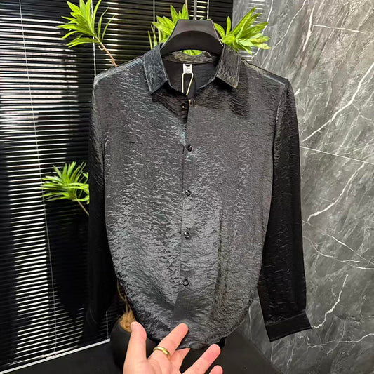 Crinkle Texture Draped Long‑Sleeve Shirt