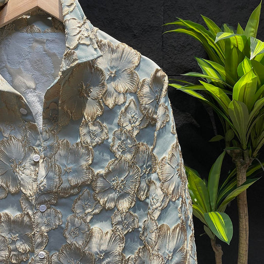 Embossed Gold-stamped Floral Shirt Jacket