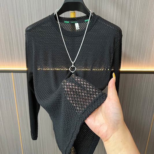 Textured Mesh Crew Neck Long‑Sleeve Top