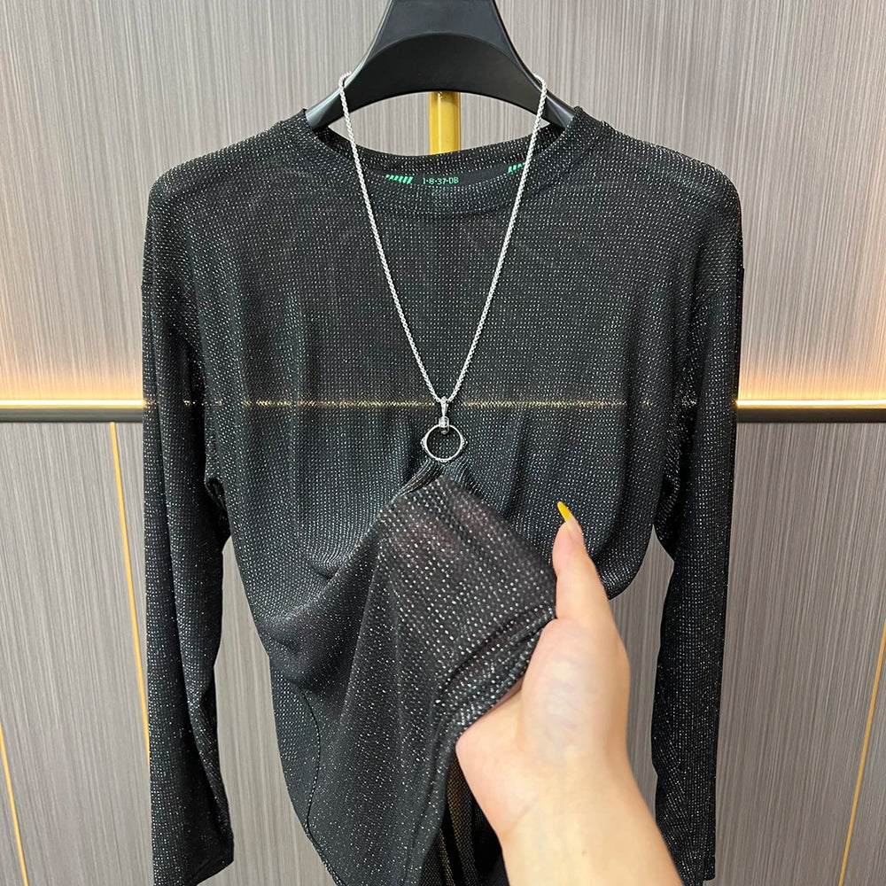 Shimmer Mesh Crew Neck Long‑Sleeve Top