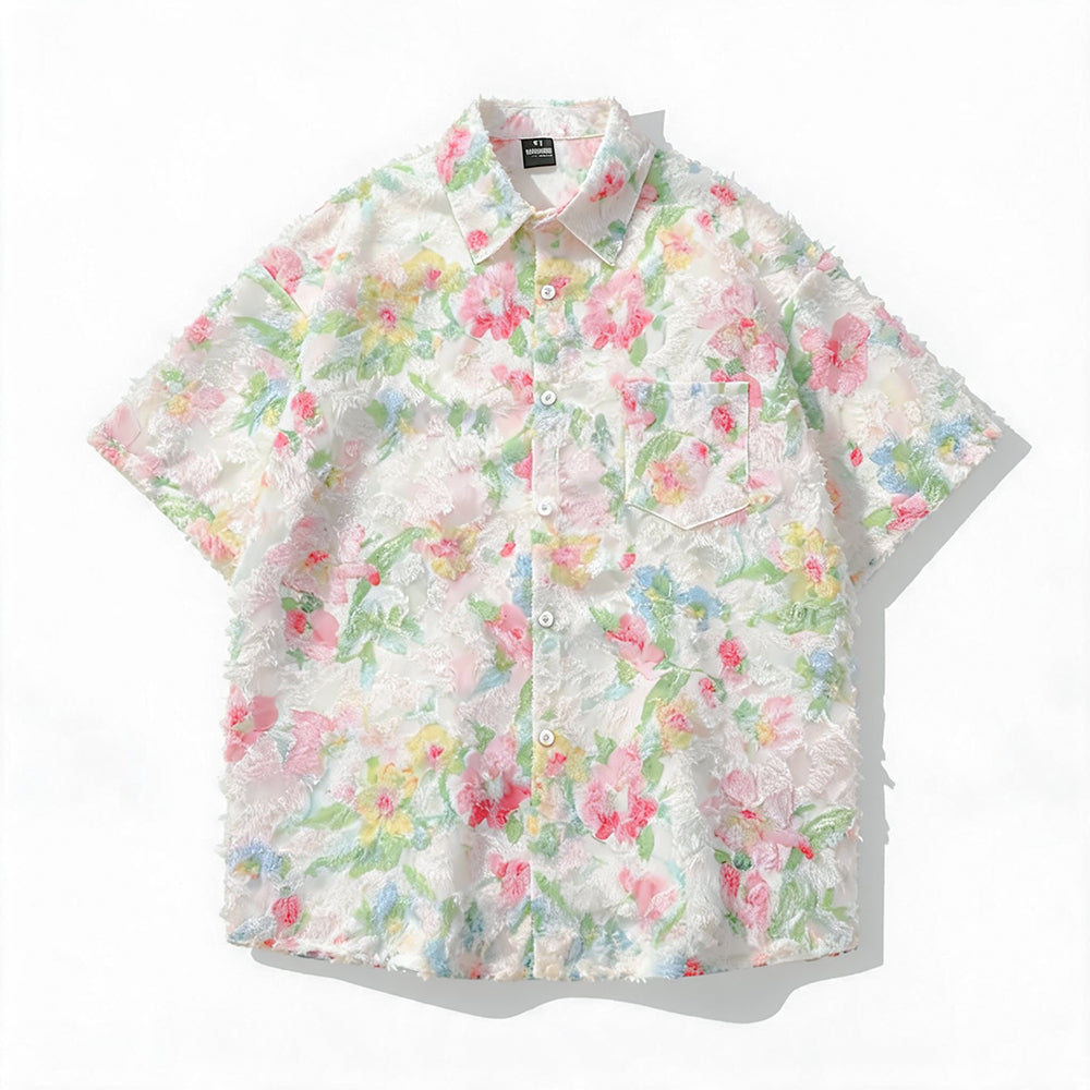 Watercolor Floral Raw Texture Lapel Short Sleeve Shirt