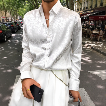 Vine Hidden Pattern Satin Jacquard Long Sleeve Lapel Shirt
