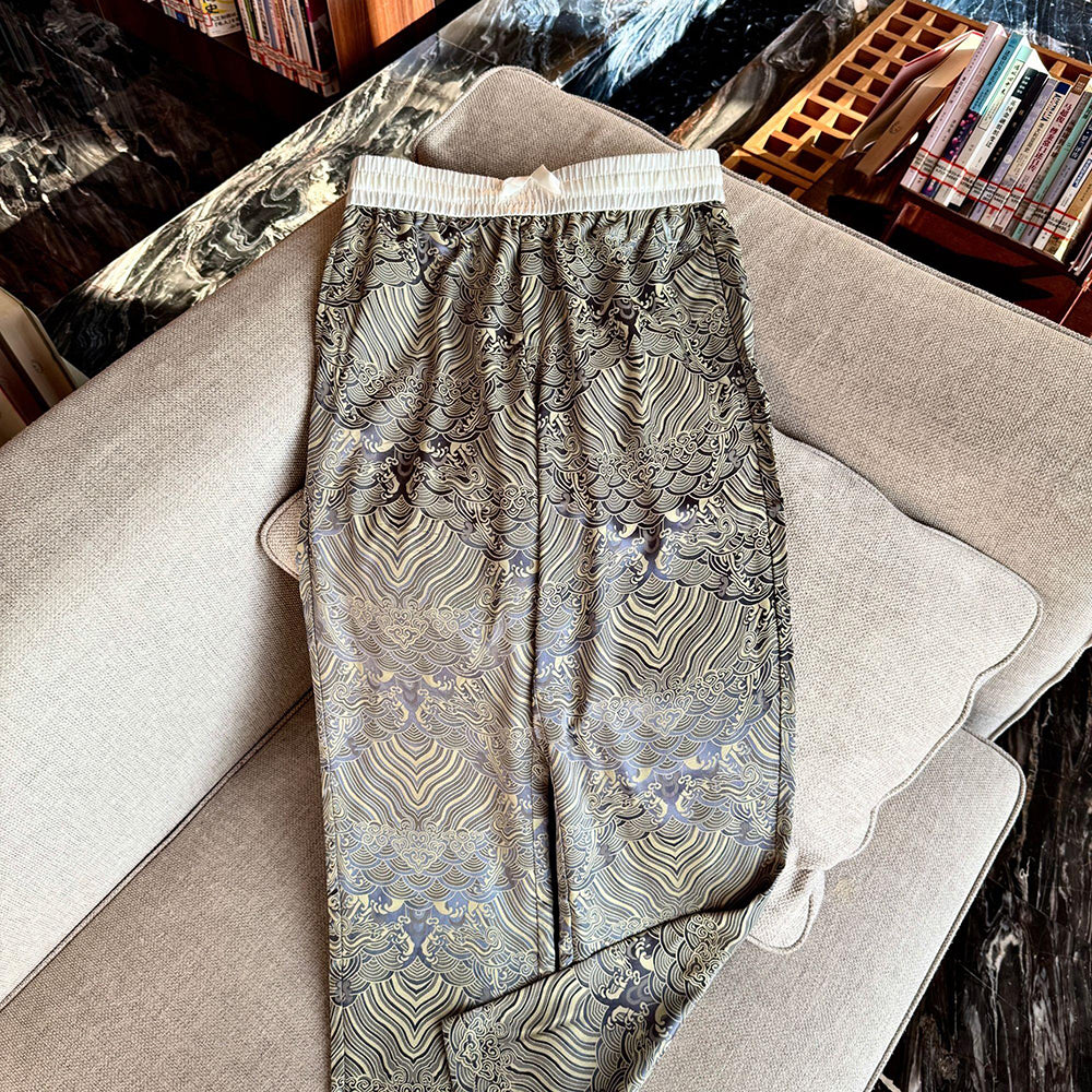 Ukiyo-e patterned satin silk casual pants