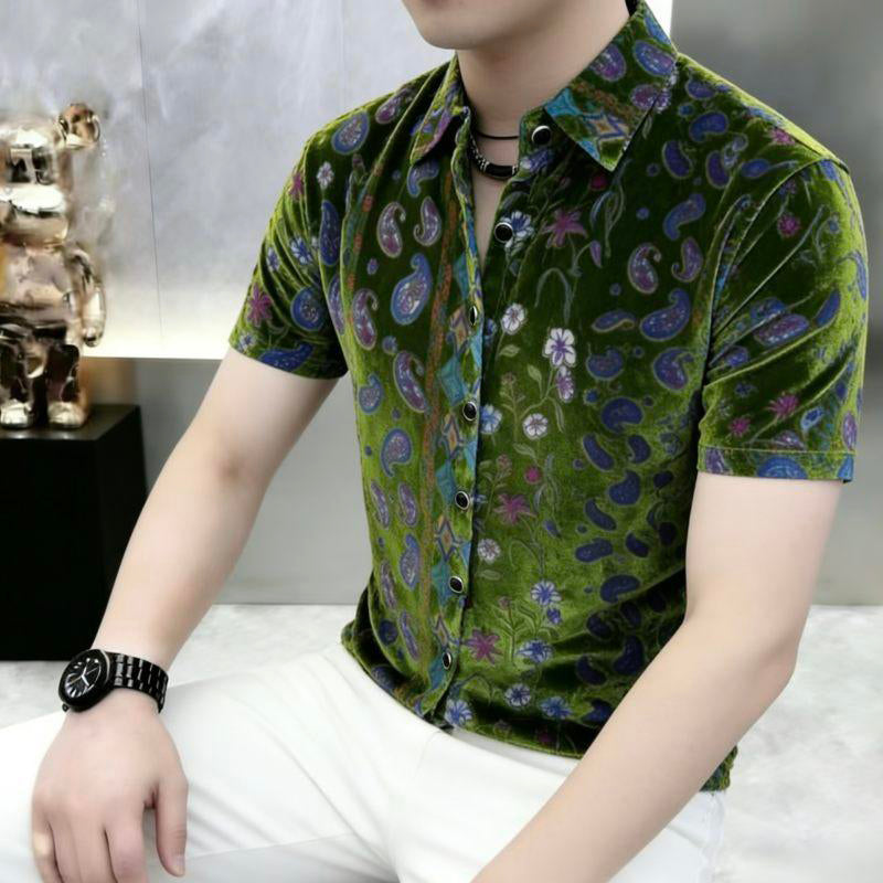 Velvet-colored peacock green retro short-sleeved shirt