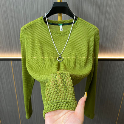 Textured Mesh Crew Neck Long‑Sleeve Top