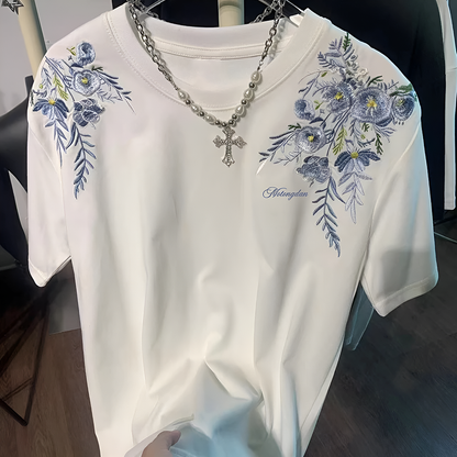 Dual Shoulder Floral Leaf Embroidery Minimal Crew Neck Tee
