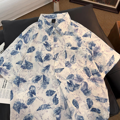 Ink Wash Leaf Allover Print Vacation Short Sleeve Shirt