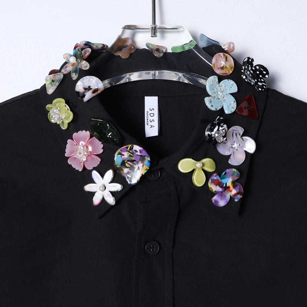 3D Flower Embellished Collar Short Sleeve Shirt