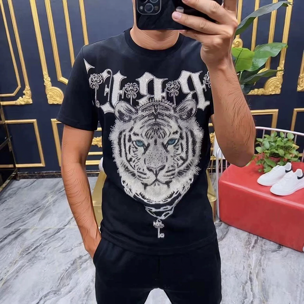 Tiger Head & Gothic Letter Rhinestone Luxury T-Shirt