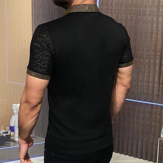 Lace Cotton Sleeve Rhinestone Edge Polo
