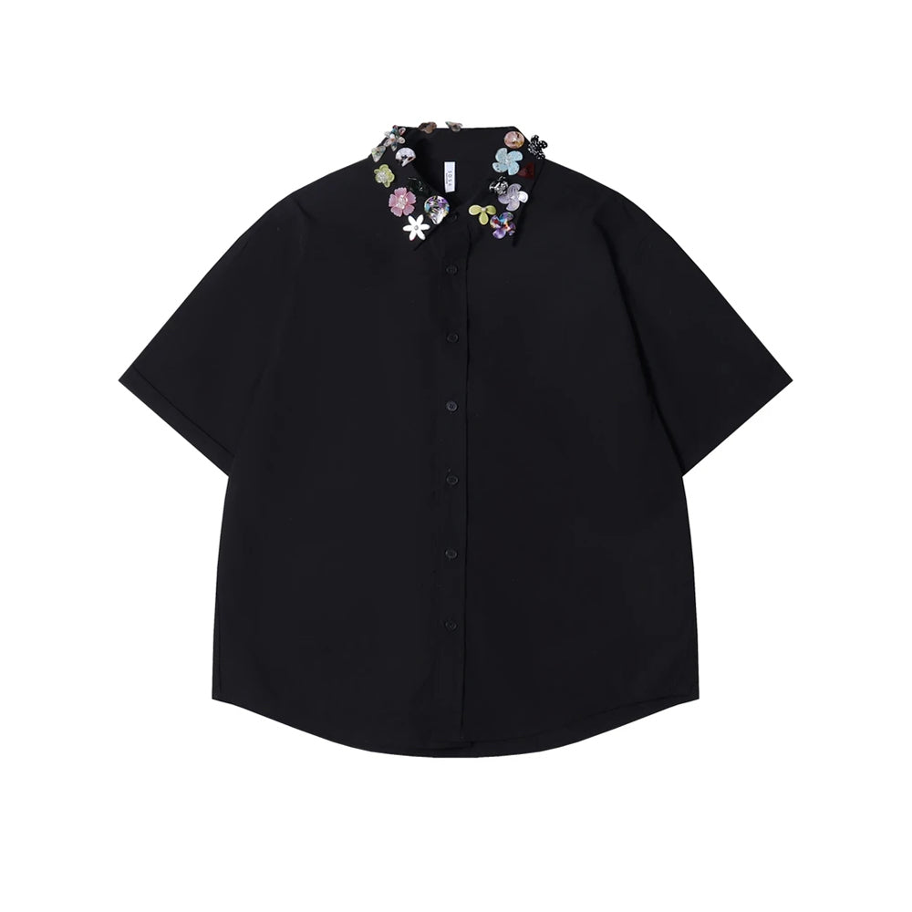 3D Flower Embellished Collar Short Sleeve Shirt