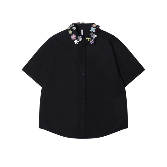 3D Flower Embellished Collar Short Sleeve Shirt