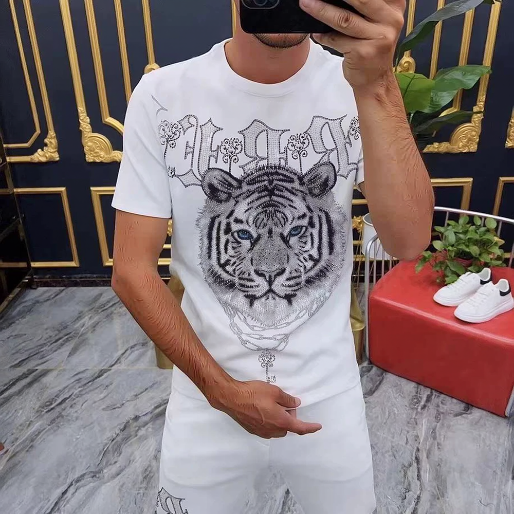 Tiger Head & Gothic Letter Rhinestone Luxury T-Shirt