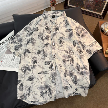 Ink Wash Leaf Allover Print Vacation Short Sleeve Shirt