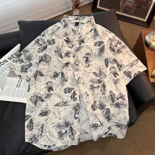 Ink Wash Leaf Allover Print Vacation Short Sleeve Shirt