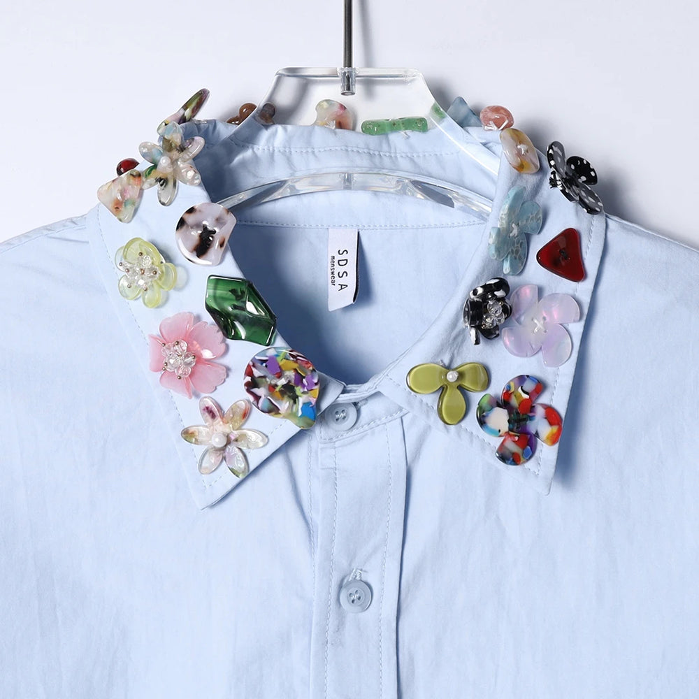 3D Flower Embellished Collar Short Sleeve Shirt
