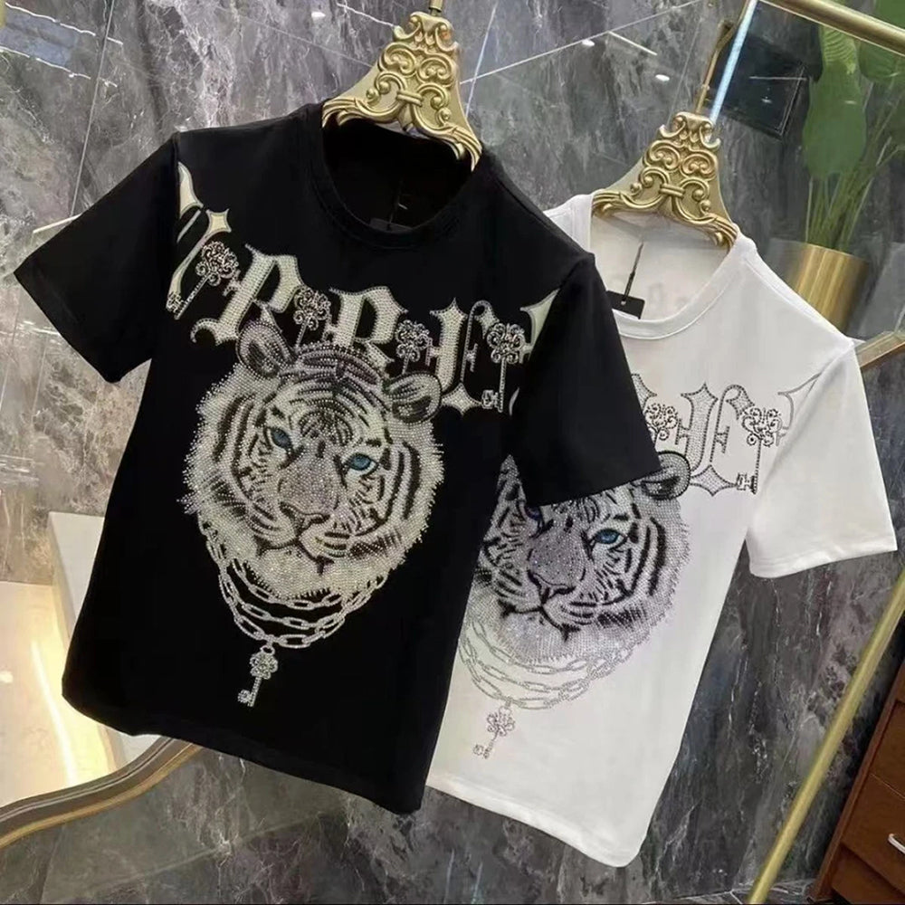 Tiger Head & Gothic Letter Rhinestone Luxury T-Shirt