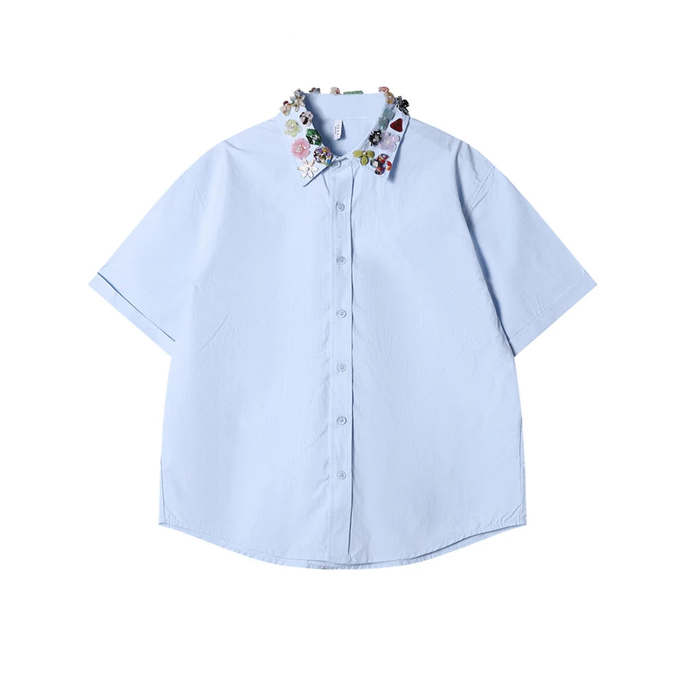3D Flower Embellished Collar Short Sleeve Shirt