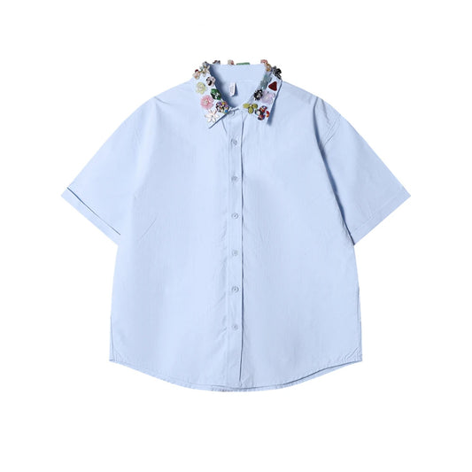 3D Flower Embellished Collar Short Sleeve Shirt