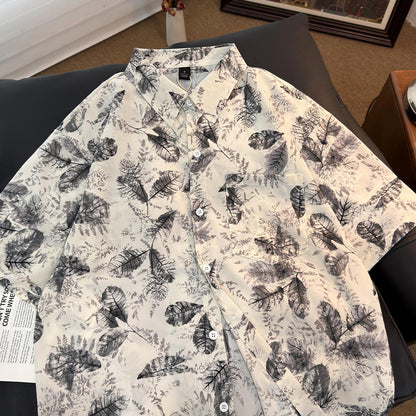 Ink Wash Leaf Allover Print Vacation Short Sleeve Shirt