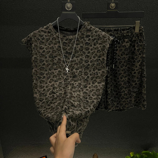Vintage Texture Rhinestone Raw Edge Tank Top & Shorts Set