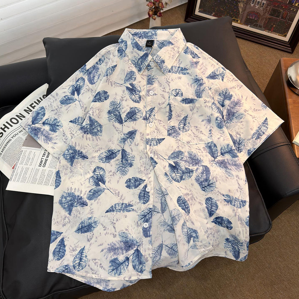 Ink Wash Leaf Allover Print Vacation Short Sleeve Shirt