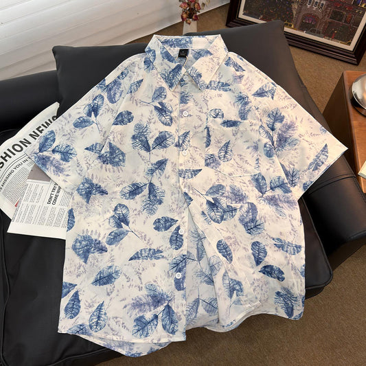 Ink Wash Leaf Allover Print Vacation Short Sleeve Shirt