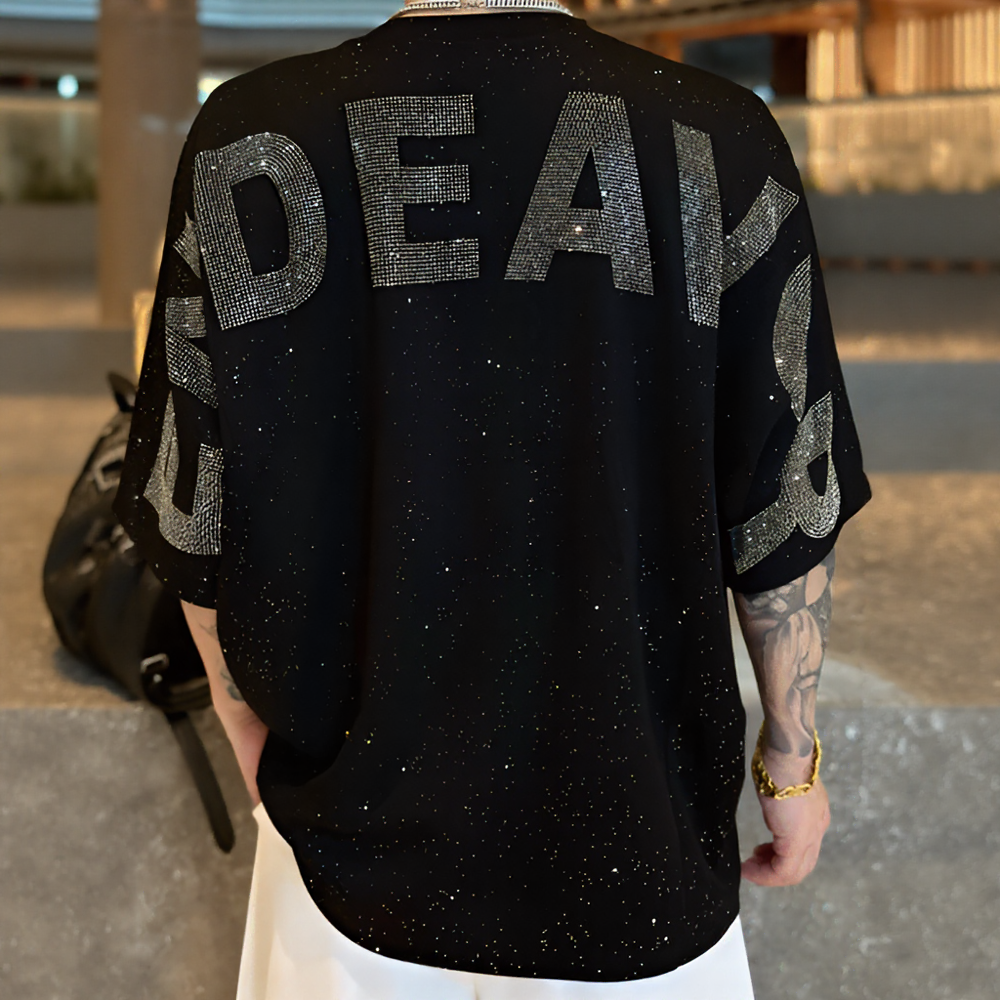 Oversized Back Letter Rhinestone Drop Shoulder T-Shirt