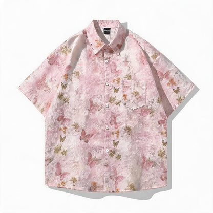 Watercolor Floral Raw Texture Lapel Short Sleeve Shirt