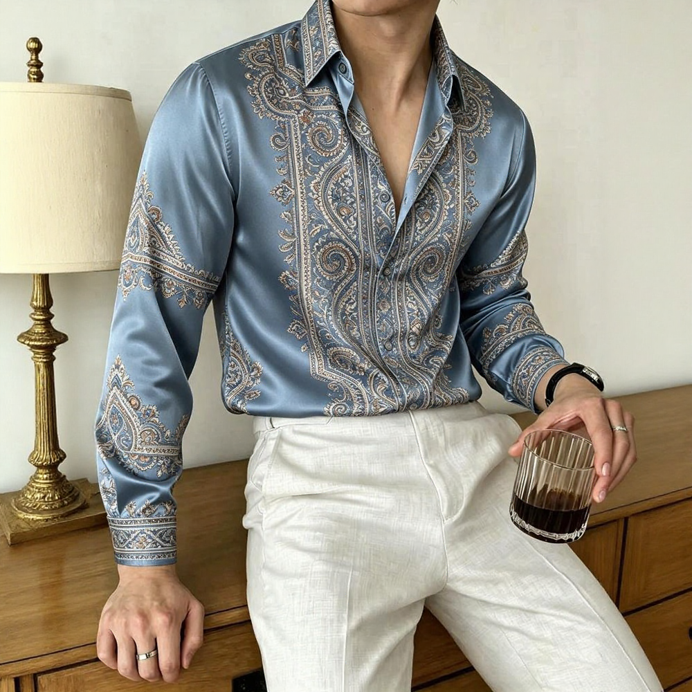 Paisley Pattern Satin Long Sleeve Shirt