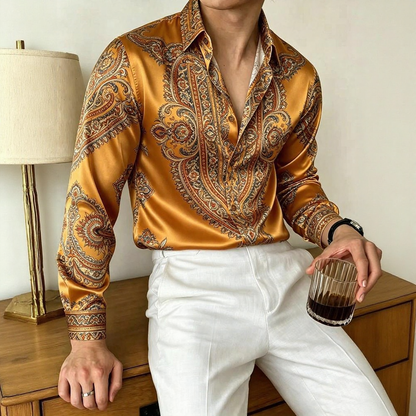 Retro Paisley Draped Satin Shirt