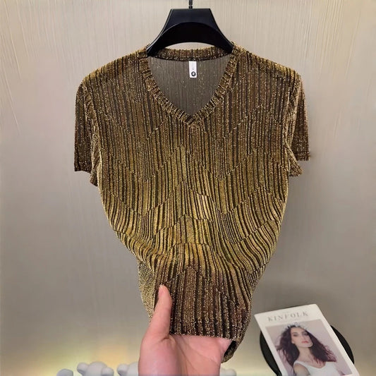 V-neck stretch semi-transparent shimmering T-shirt